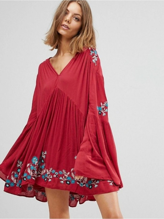 Free People Dresses & Skirts - Free People Te Amo Floral Boho Mini Dress $148 Red XS Babydoll Embroidered Bell